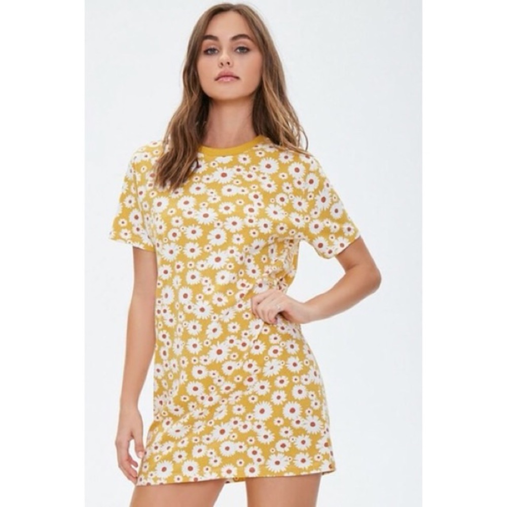Forever 21 Retro Yellow Floral Print T-Shirt Dress